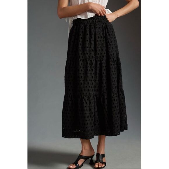 NEW Anthropologie Somerset Black Tiered Smocked Eyelet Pockets Maxi Skirt Medium - Picture 2 of 8